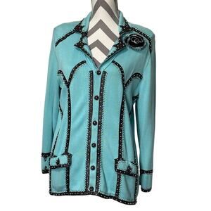 Vintage Sweater Teal Brown Leather Pearls Beads Western Button-up Cardigan Large